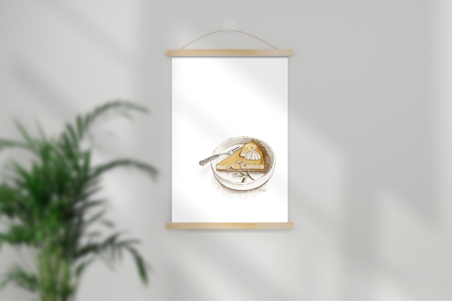 Illustrierte Kuchenszene mit Teller, Kuchenstück und Löffel – liebevoll gezeichnetes Poster von FranziGruDesign in warmen Farbtönen.