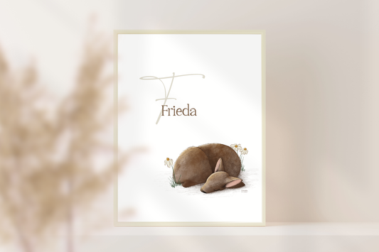 Personalisiertes Namensposter Baby mit schlafendem Rehkitz in A4 oder A3, liebevolle Kinderzimmer Deko und Geschenk zur Geburt oder Taufe.