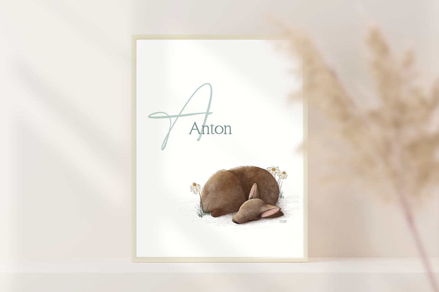 Personalisiertes Namensposter Baby mit schlafendem Rehkitz in A4 oder A3, liebevolle Kinderzimmer Deko und Geschenk zur Geburt oder Taufe.