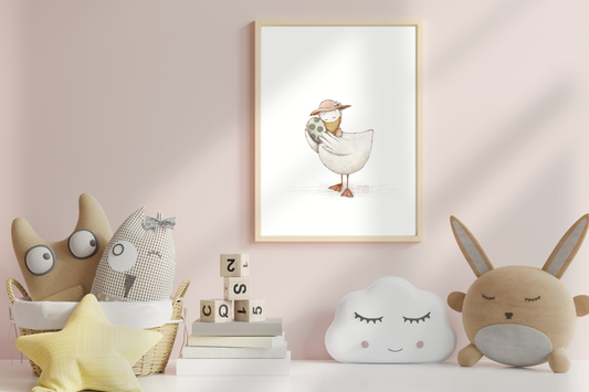 Poster „Willkommen kleines Wunder“ – Illustration einer Gans mit Ei, Kinderzimmer Deko und Geschenk zur Geburt