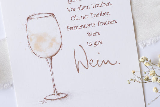 Postkarte mit zarter Illustration eines Weinglases und dem humorvollen Text „Heute Abend gibt es Obstsalat … Wein. Es gibt Wein.“ – lustige Karte für Weinliebhaber