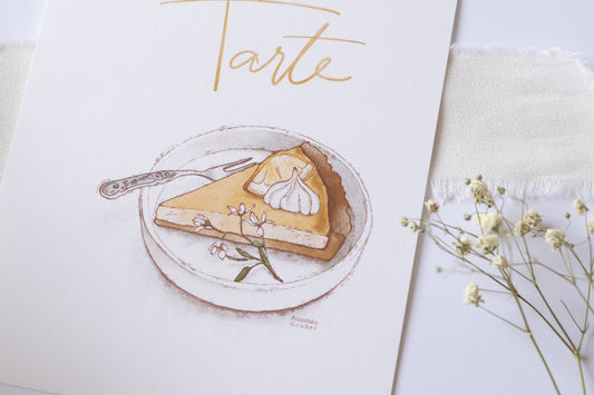 Postkarte mit Illustration eines Stücks Zitronentarte und dem Spruch „Jeden Tag eine gute Tarte“ – süße Grußkarte für Naschkatzen und Genießer