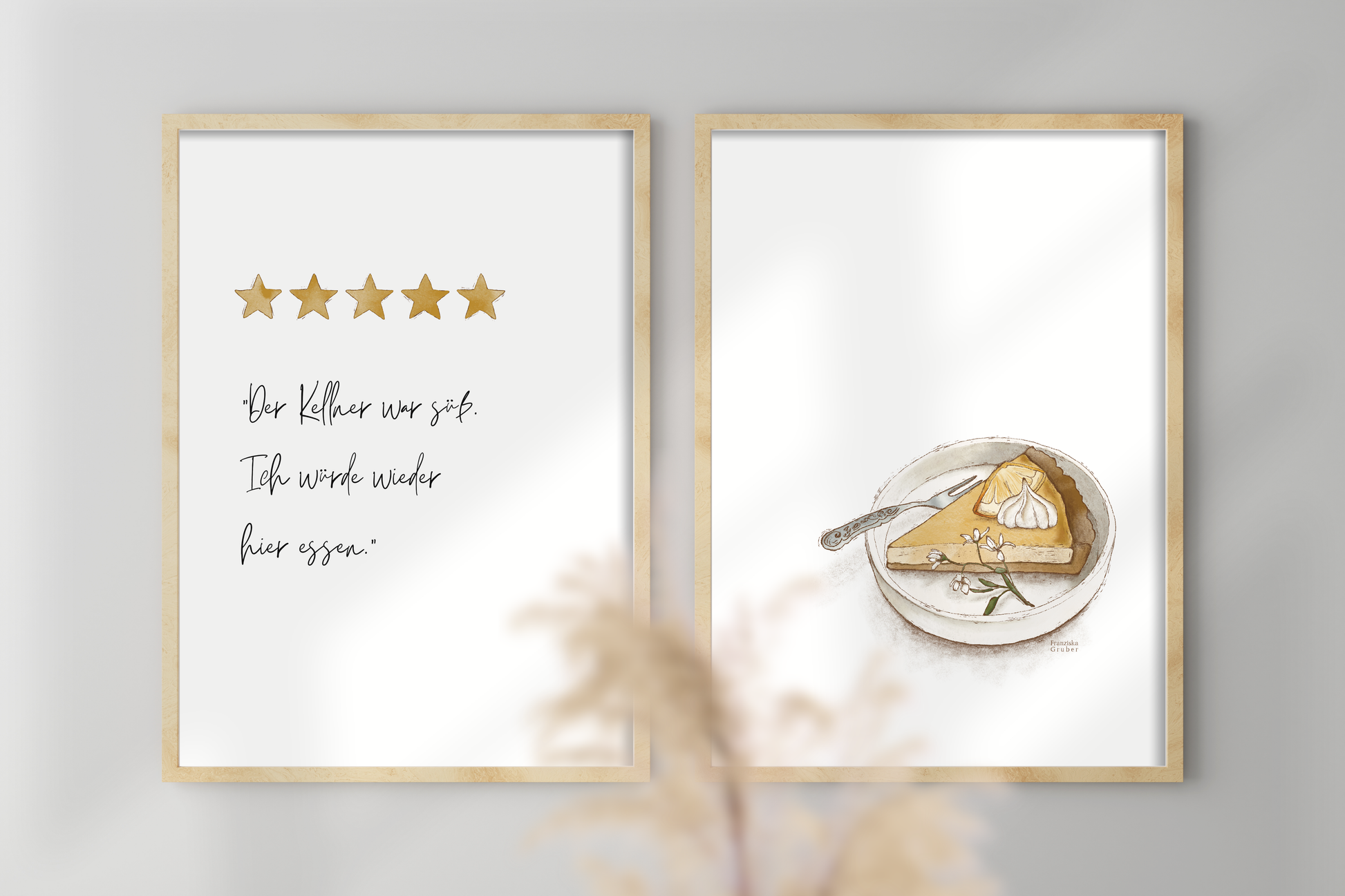 Typografisches Poster mit goldenen Sternen und Spruch „Der Kellner war süß. Ich würde wieder hier essen.“ – humorvolles Wandbild von FranziGruDesign