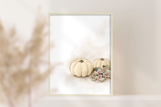 Herbstliches Poster mit weißen Kürbissen und zarten Blüten, in A4 und A3 erhältlich, skandinavische Wanddeko