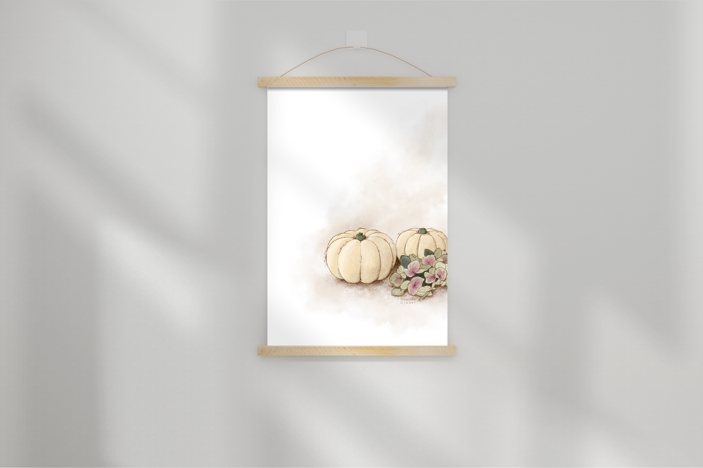 Herbstliches Poster mit weißen Kürbissen und zarten Blüten, in A4 und A3 erhältlich, skandinavische Wanddeko