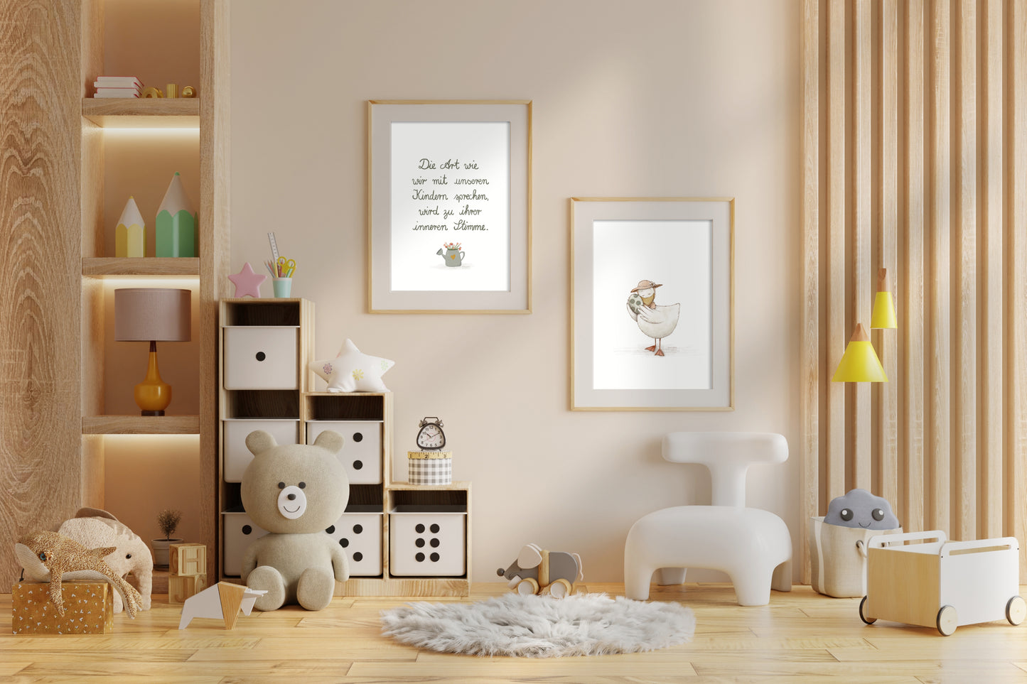 Zartes Kinderzimmer Posterset mit Spruchposter und Illustration einer Gans mit Ei, liebevolle Wandde­ko als digitaler Download