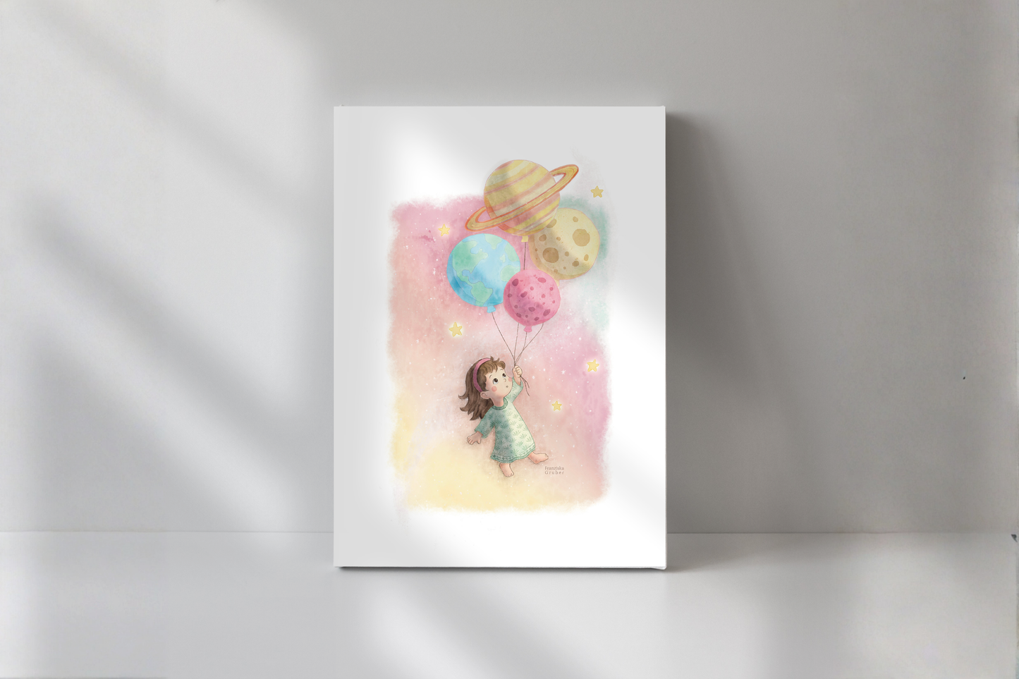 Kinderzimmer Poster Weltraum | Digitaler Download Illustration Mädchen mit Planeten | Wandbild bis A3