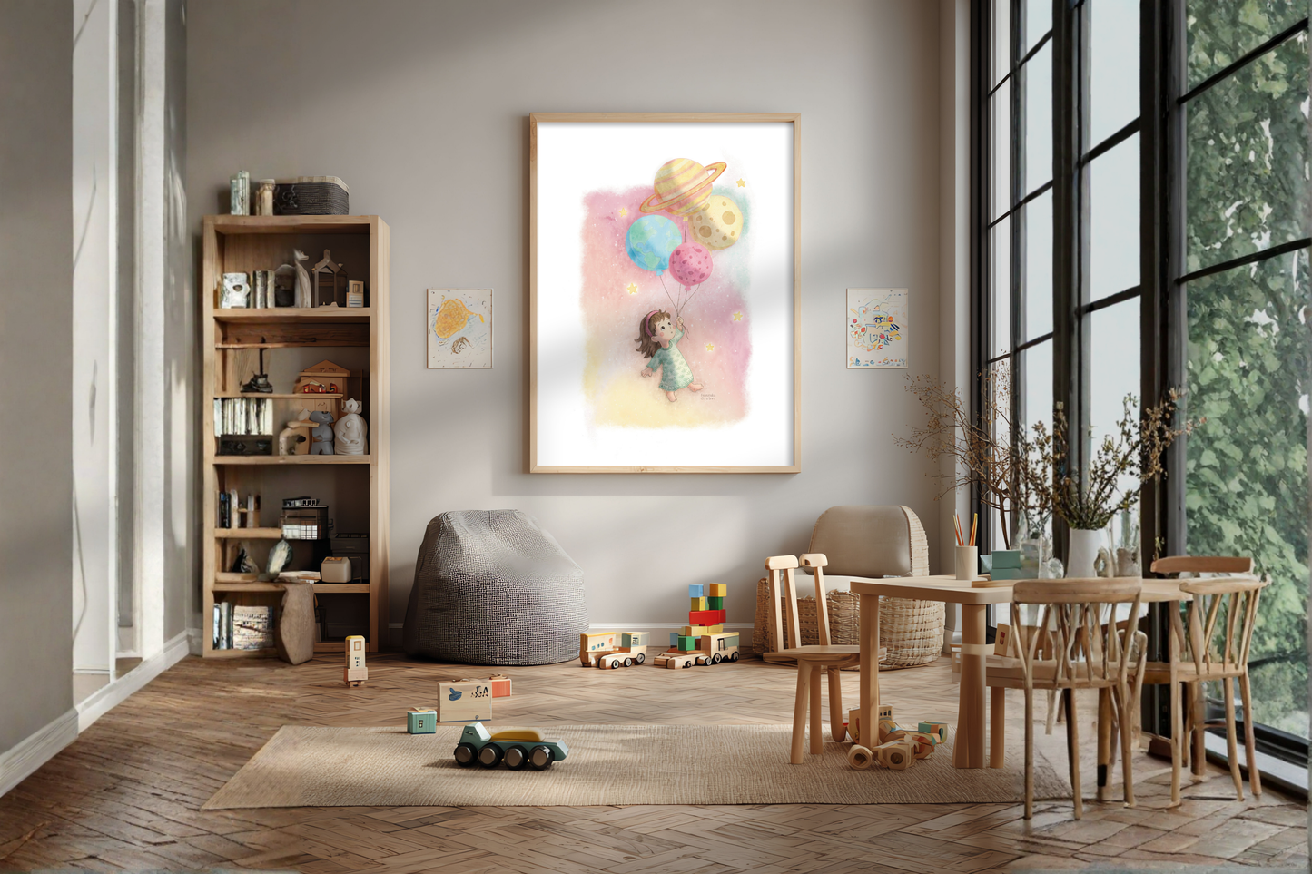 Kinderzimmer Poster Weltraum | Digitaler Download Illustration Mädchen mit Planeten | Wandbild bis A3