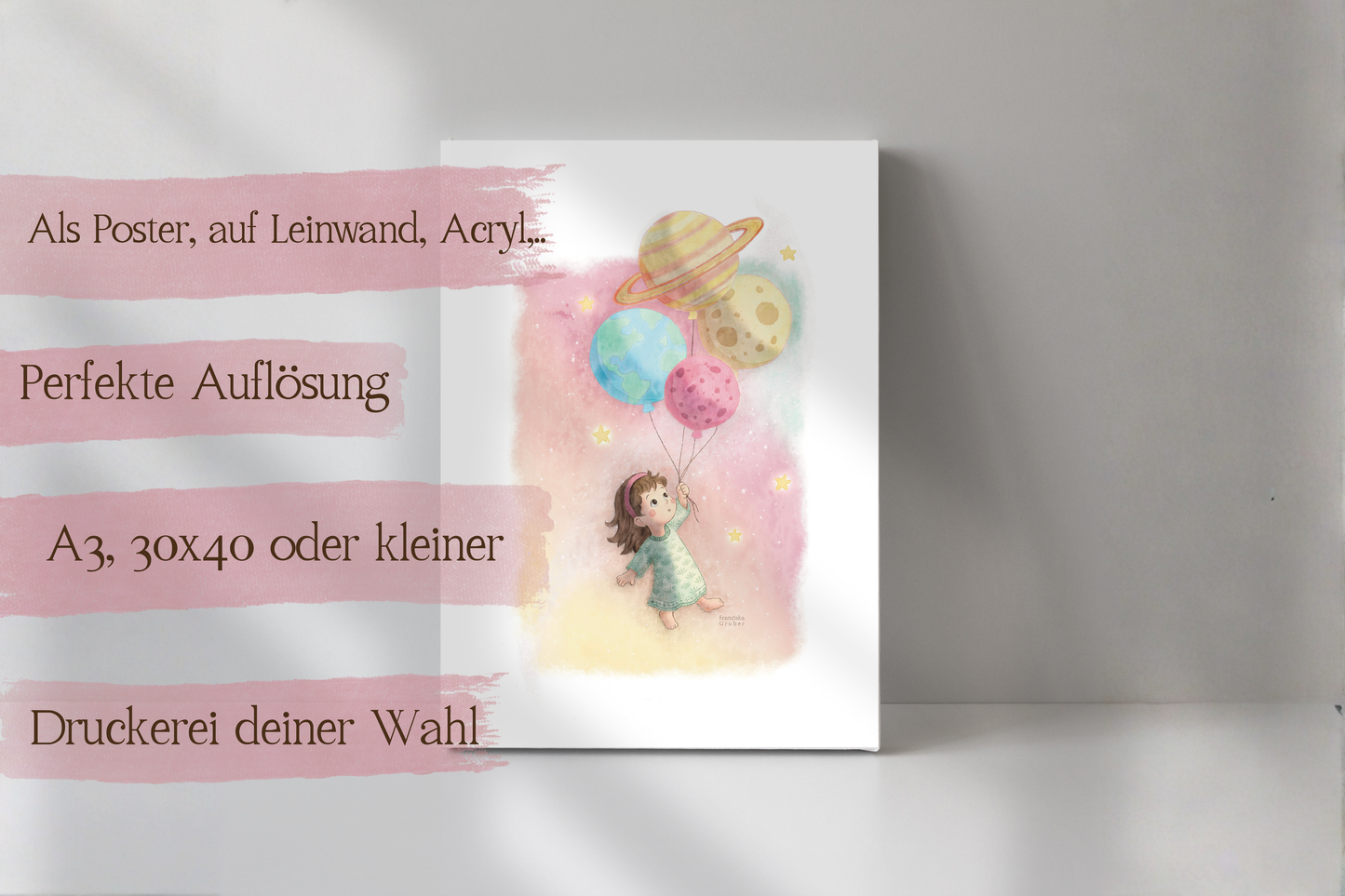 Kinderzimmer Poster Weltraum | Digitaler Download Illustration Mädchen mit Planeten | Wandbild bis A3