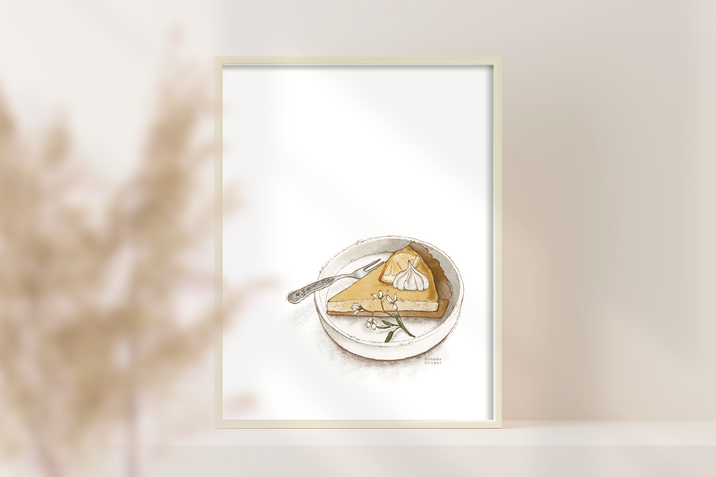 Illustrierte Kuchenszene mit Teller, Kuchenstück und Löffel – liebevoll gezeichnetes Poster von FranziGruDesign in warmen Farbtönen.