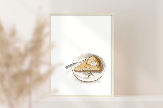 Illustrierte Kuchenszene mit Teller, Kuchenstück und Löffel – liebevoll gezeichnetes Poster von FranziGruDesign in warmen Farbtönen.