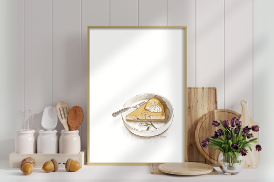 Illustrierte Kuchenszene mit Teller, Kuchenstück und Löffel – liebevoll gezeichnetes Poster von FranziGruDesign in warmen Farbtönen.