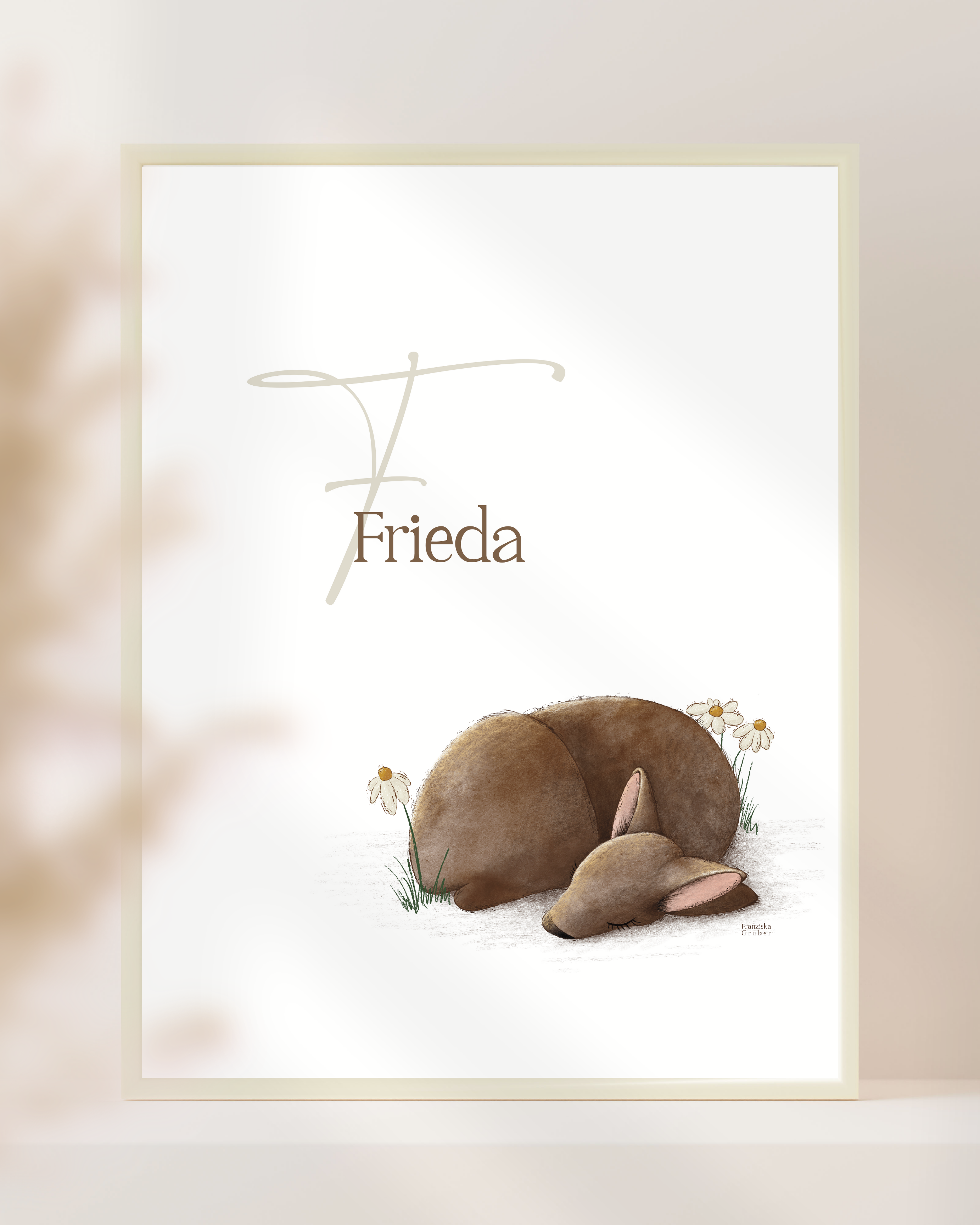 Personalisiertes Namensposter Baby mit schlafendem Rehkitz in A4 oder A3, liebevolle Kinderzimmer Deko und Geschenk zur Geburt oder Taufe.