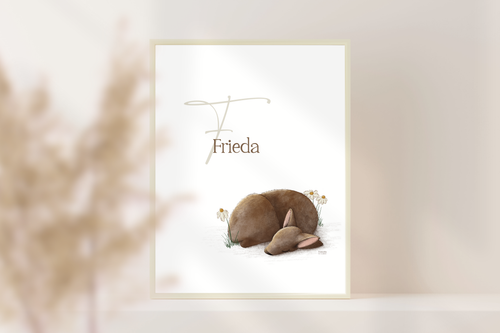 Personalisiertes Namensposter Baby mit schlafendem Rehkitz in A4 oder A3, liebevolle Kinderzimmer Deko und Geschenk zur Geburt oder Taufe.