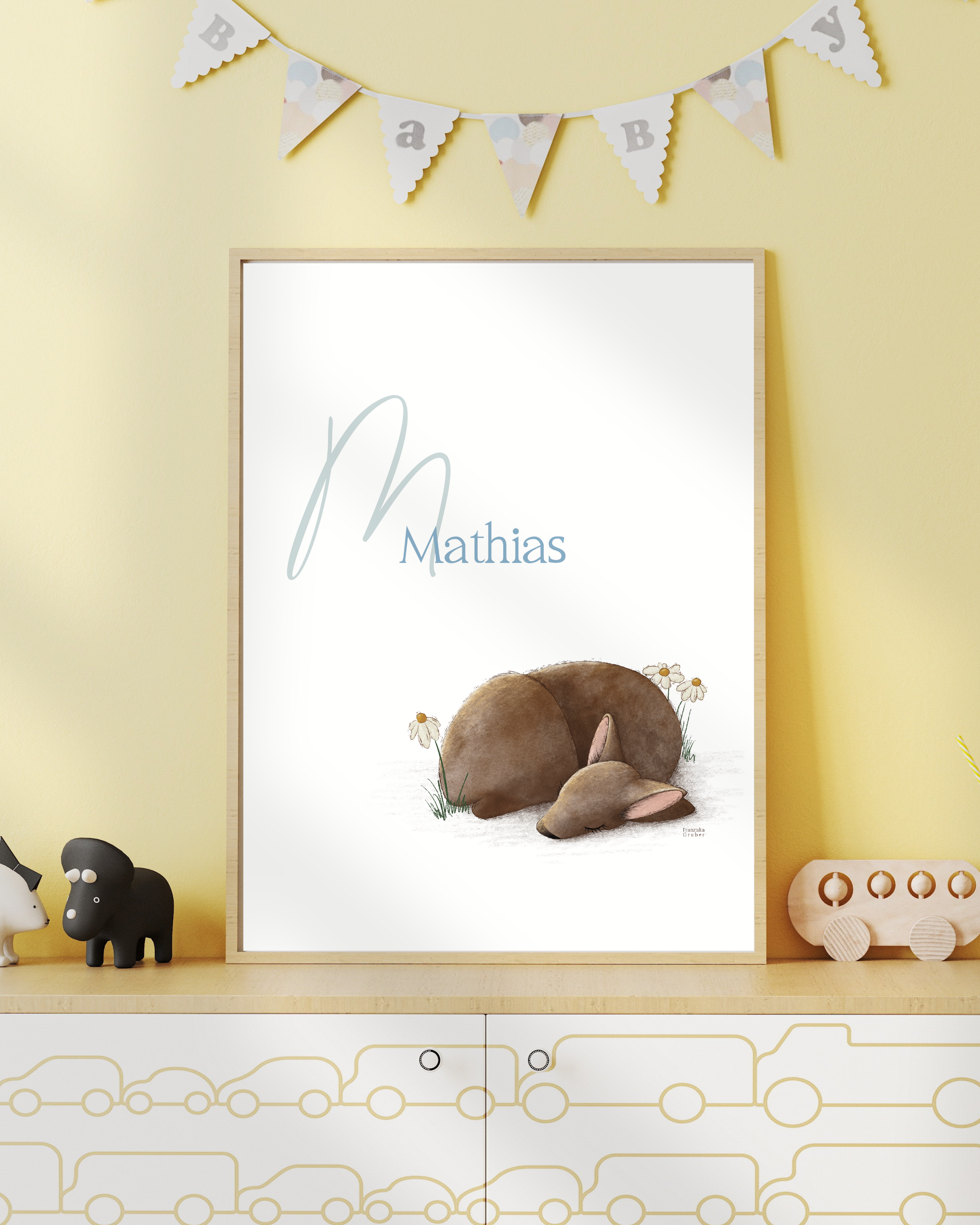 Personalisiertes Namensposter Baby mit schlafendem Rehkitz in A4 oder A3, liebevolle Kinderzimmer Deko und Geschenk zur Geburt oder Taufe.
