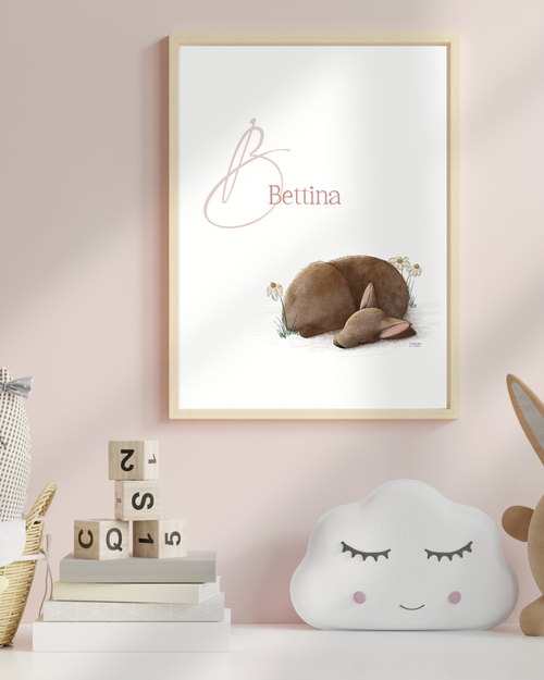 Personalisiertes Namensposter Baby mit schlafendem Rehkitz in A4 oder A3, liebevolle Kinderzimmer Deko und Geschenk zur Geburt oder Taufe.
