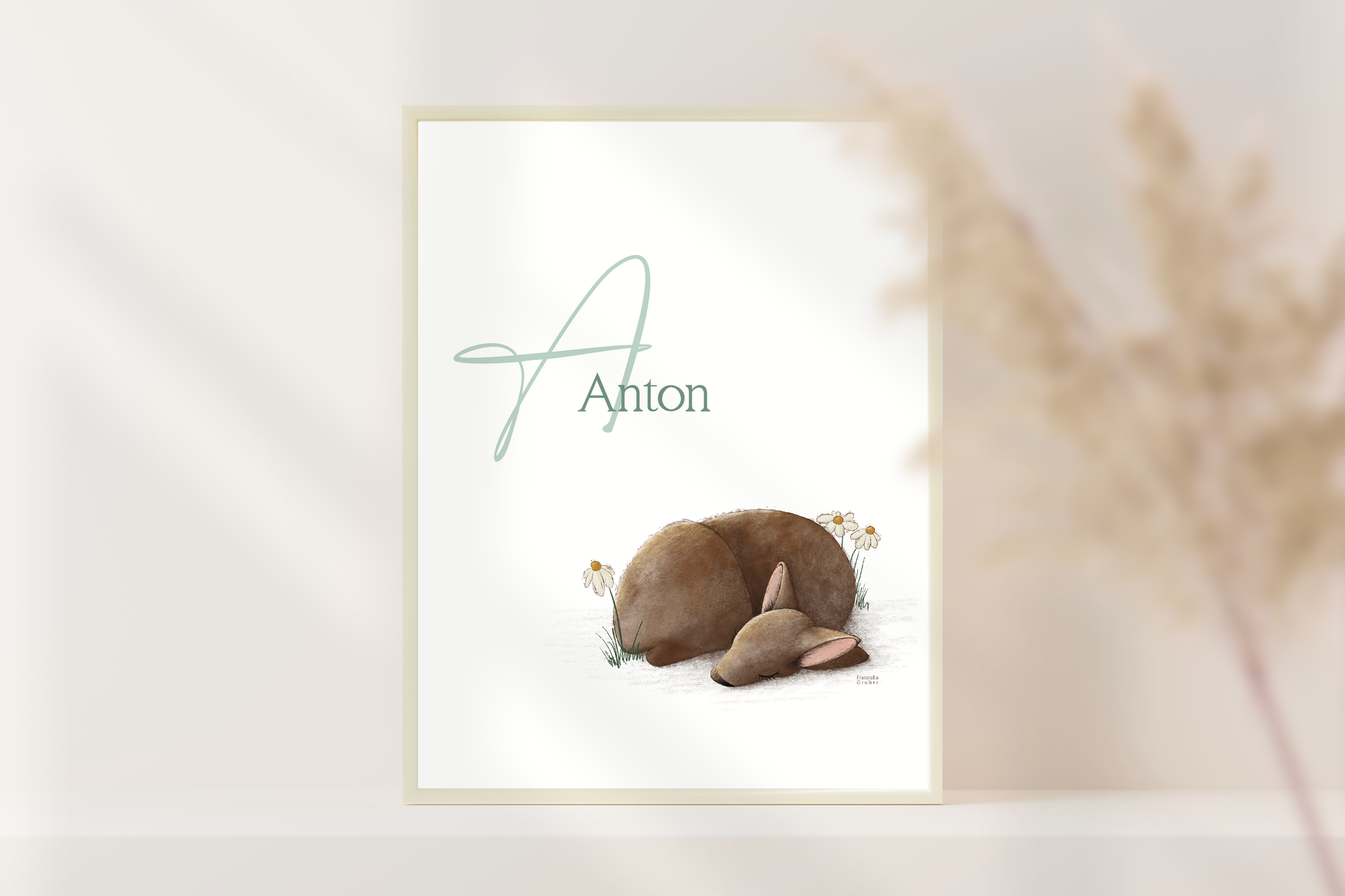 Personalisiertes Namensposter Baby mit schlafendem Rehkitz in A4 oder A3, liebevolle Kinderzimmer Deko und Geschenk zur Geburt oder Taufe.
