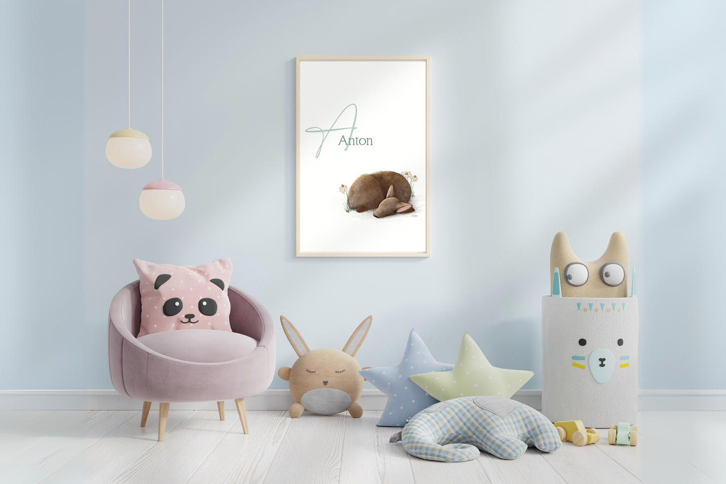 Personalisiertes Namensposter Baby mit schlafendem Rehkitz in A4 oder A3, liebevolle Kinderzimmer Deko und Geschenk zur Geburt oder Taufe.