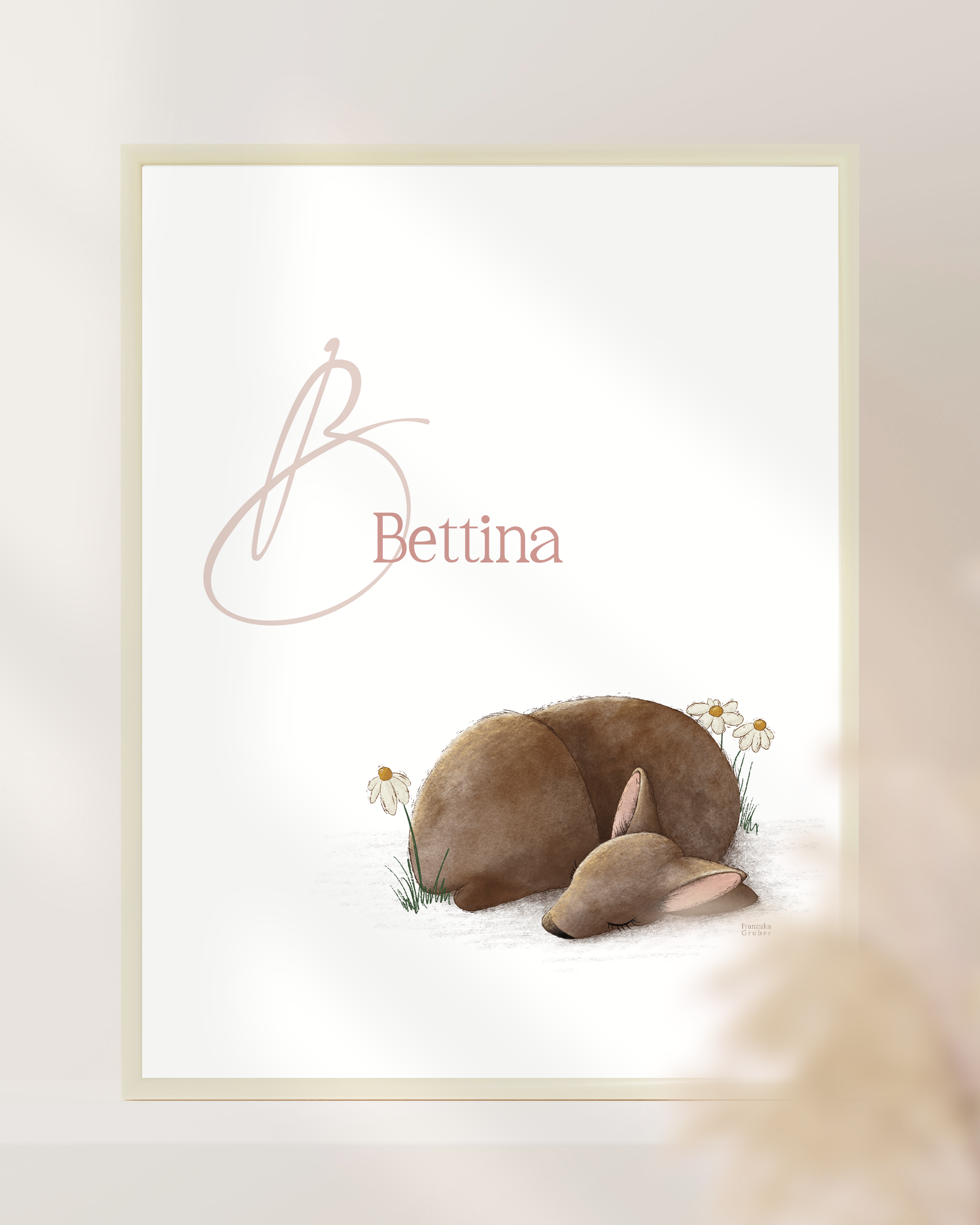 Personalisiertes Namensposter Baby mit schlafendem Rehkitz in A4 oder A3, liebevolle Kinderzimmer Deko und Geschenk zur Geburt oder Taufe.