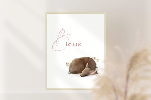 Personalisiertes Namensposter Baby mit schlafendem Rehkitz in A4 oder A3, liebevolle Kinderzimmer Deko und Geschenk zur Geburt oder Taufe.