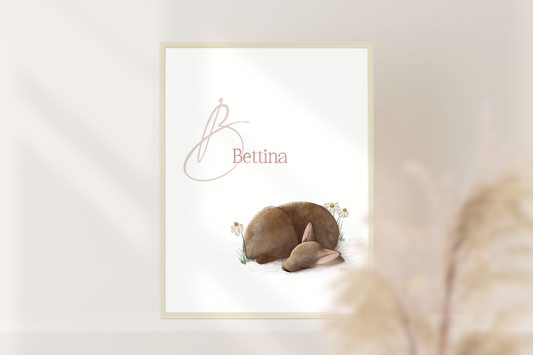 Personalisiertes Namensposter Baby mit schlafendem Rehkitz in A4 oder A3, liebevolle Kinderzimmer Deko und Geschenk zur Geburt oder Taufe.